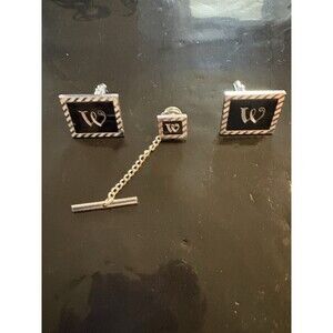 Swank Signed Silver Tone Black Enamel Letter W Cufflinks & Tie Tack A-47